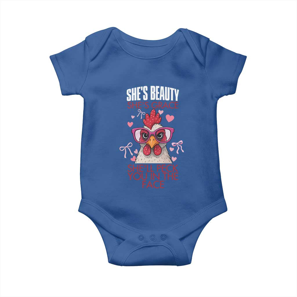 She Will Peck You In The Face Baby Onesie Funny Chicken Lover TS12 Royal Blue Print Your Wear