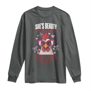 She Will Peck You In The Face Long Sleeve Shirt Funny Chicken Lover TS12 Dark Heather Print Your Wear