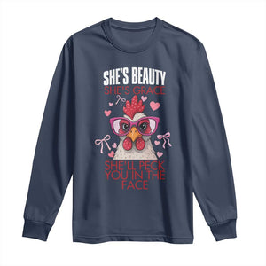 She Will Peck You In The Face Long Sleeve Shirt Funny Chicken Lover TS12 Navy Print Your Wear