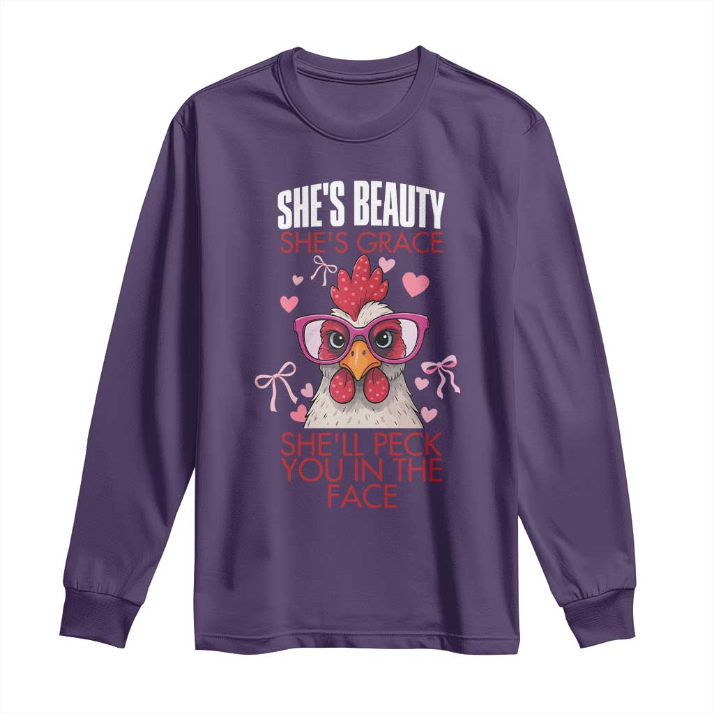 She Will Peck You In The Face Long Sleeve Shirt Funny Chicken Lover TS12 Purple Print Your Wear