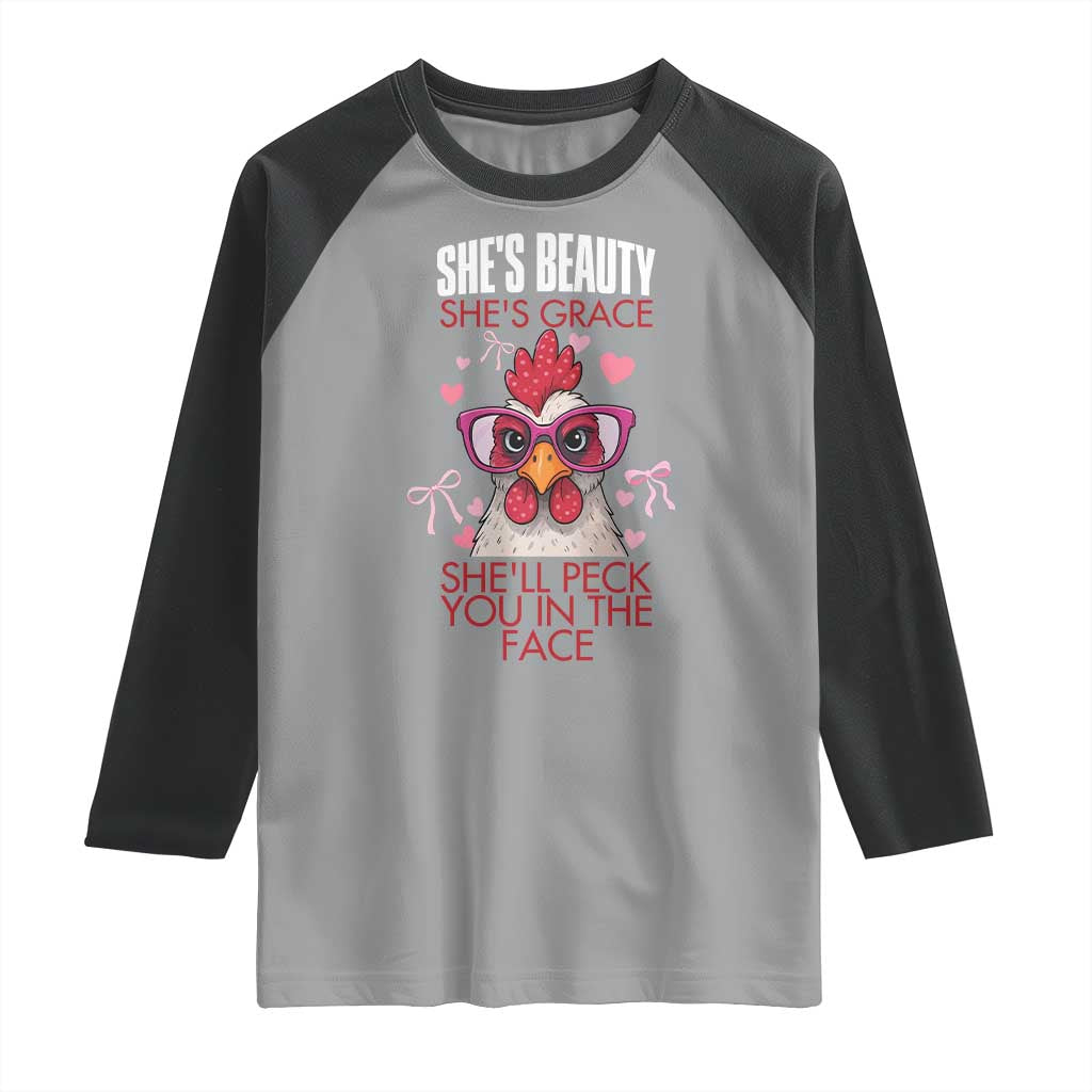 She Will Peck You In The Face Raglan Shirt Funny Chicken Lover TS12 Sport Gray Black Print Your Wear