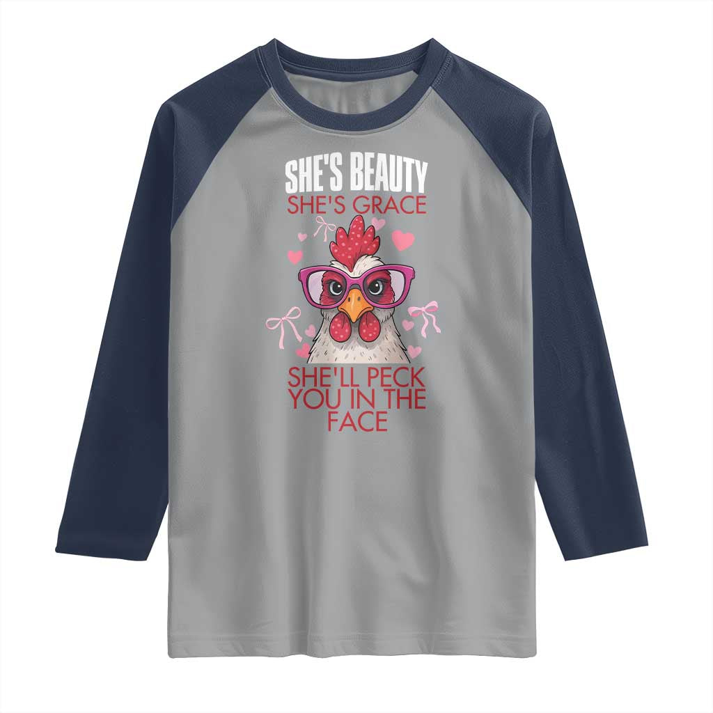 She Will Peck You In The Face Raglan Shirt Funny Chicken Lover TS12 Sport Gray Navy Print Your Wear