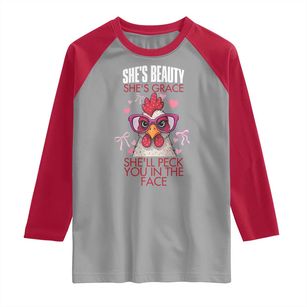She Will Peck You In The Face Raglan Shirt Funny Chicken Lover TS12 Sport Gray Red Print Your Wear