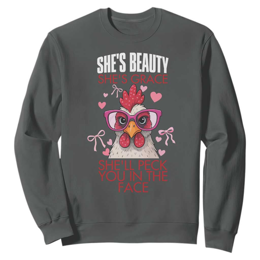 She Will Peck You In The Face Sweatshirt Funny Chicken Lover TS12 Dark Heather Print Your Wear
