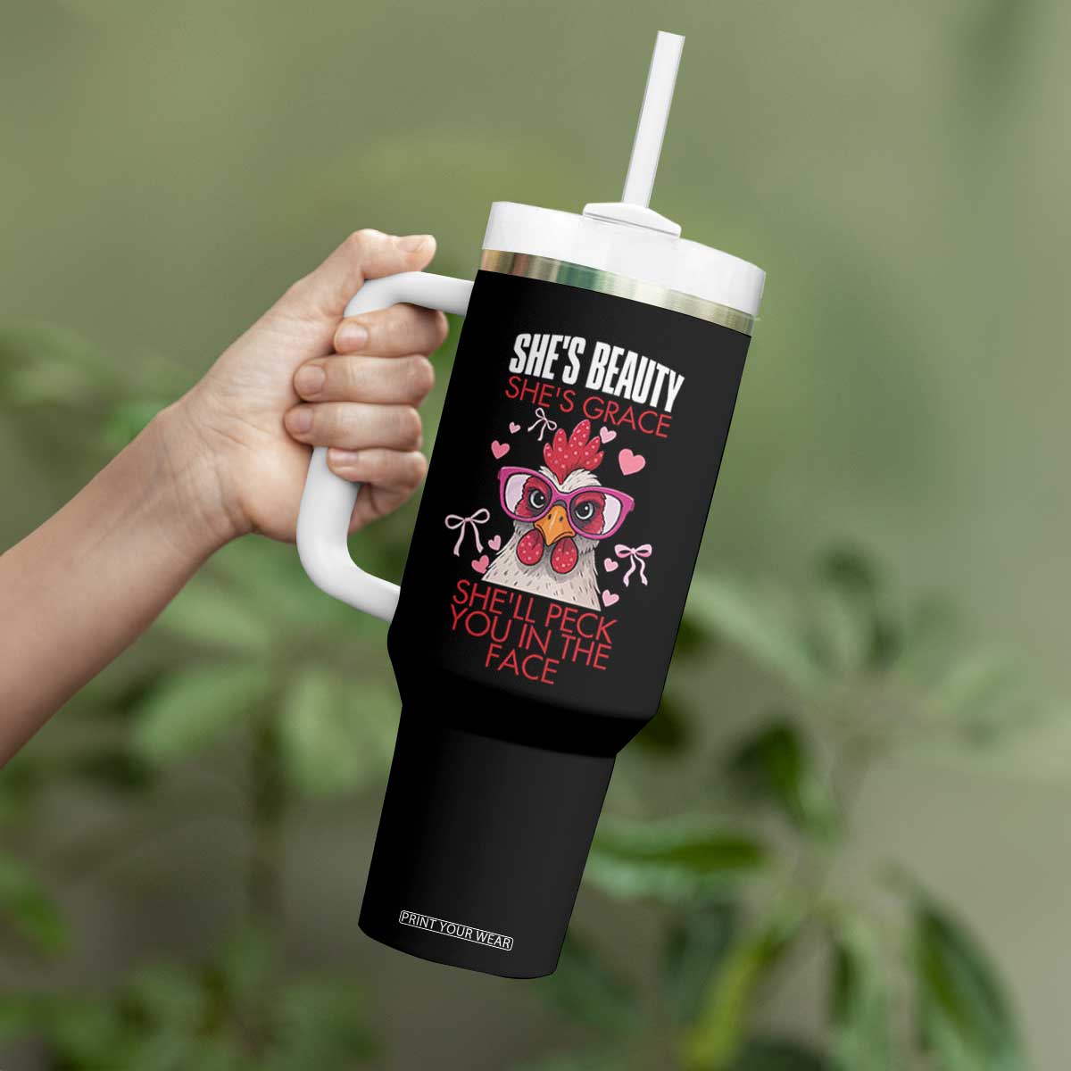She Will Peck You In The Face Tumbler With Handle Funny Chicken Lover TS12 Print Your Wear
