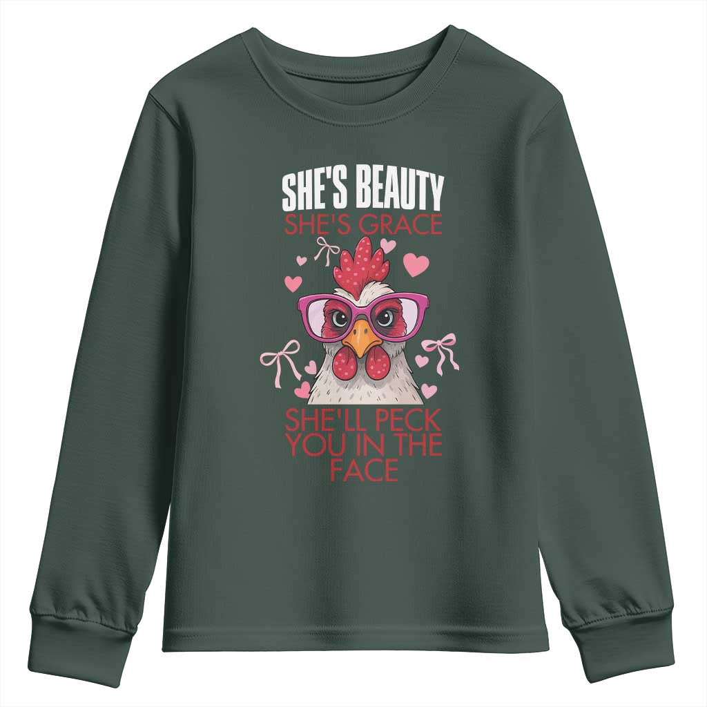 She Will Peck You In The Face Youth Sweatshirt Funny Chicken Lover TS12 Dark Forest Green Print Your Wear