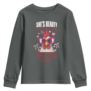 She Will Peck You In The Face Youth Sweatshirt Funny Chicken Lover TS12 Dark Heather Print Your Wear
