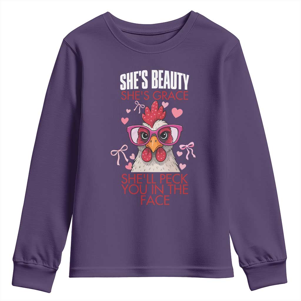She Will Peck You In The Face Youth Sweatshirt Funny Chicken Lover TS12 Purple Print Your Wear
