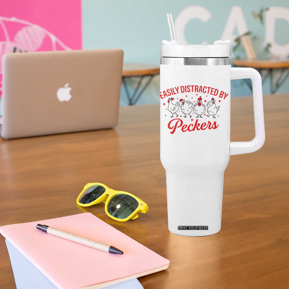 Funny Chicken Lover Gift Tumbler With Handle Easily Distracted By Peckers TS12 Print Your Wear