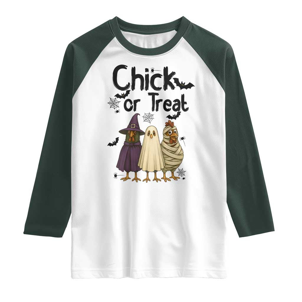 Funny Halloween Chicken Raglan Shirt Chick Or Treat Spooky Gift TS12 White Dark Forest Green Print Your Wear