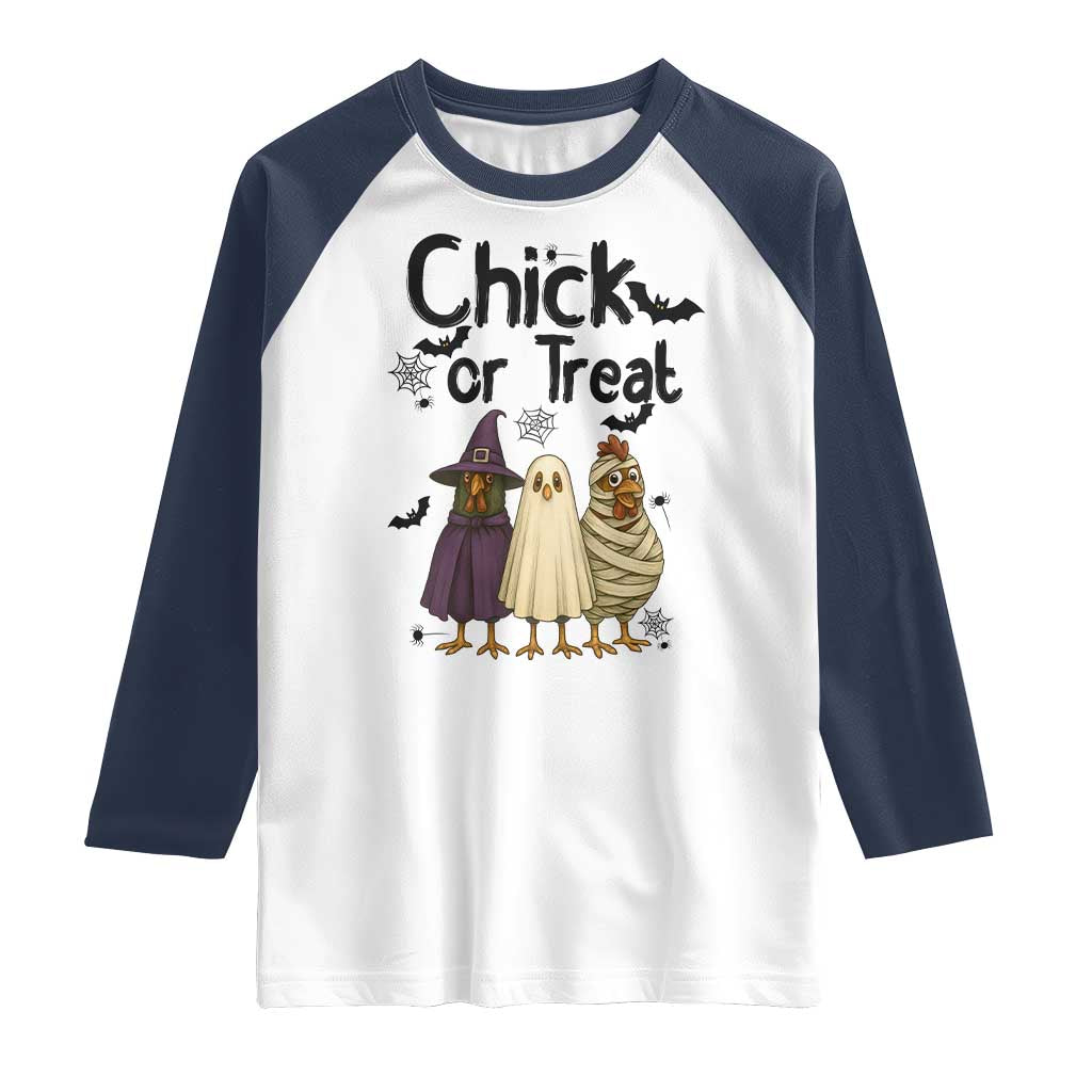Funny Halloween Chicken Raglan Shirt Chick Or Treat Spooky Gift TS12 White Navy Print Your Wear