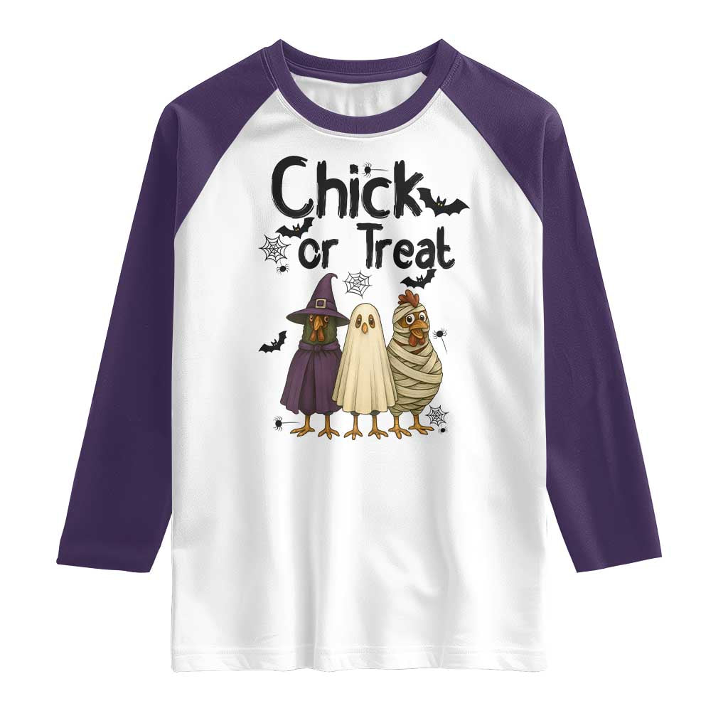 Funny Halloween Chicken Raglan Shirt Chick Or Treat Spooky Gift TS12 White Purple Print Your Wear