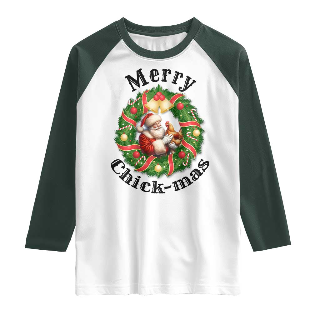 Funny Christmas Chicken Lovers Raglan Shirt Merry Chickmas Santa Gift TS12 White Dark Forest Green Print Your Wear