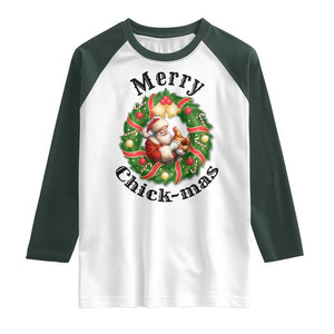 Funny Christmas Chicken Lovers Raglan Shirt Merry Chickmas Santa Gift TS12 White Dark Forest Green Print Your Wear
