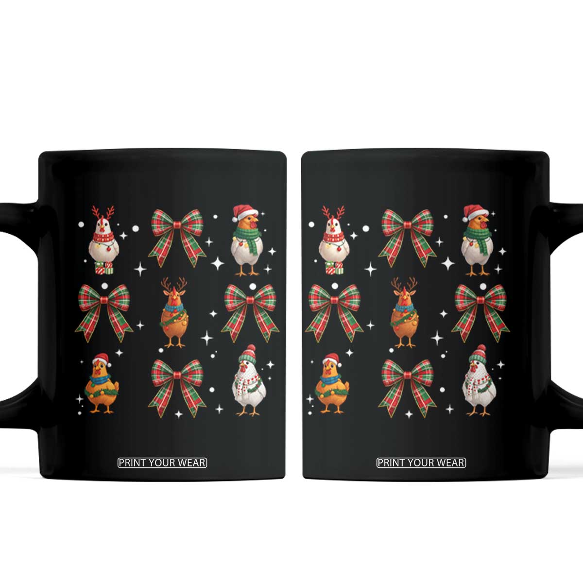 Cute Christmas Chicken With Xmas Coquette Bow Coffee Mug TS12 Black Print Your Wear