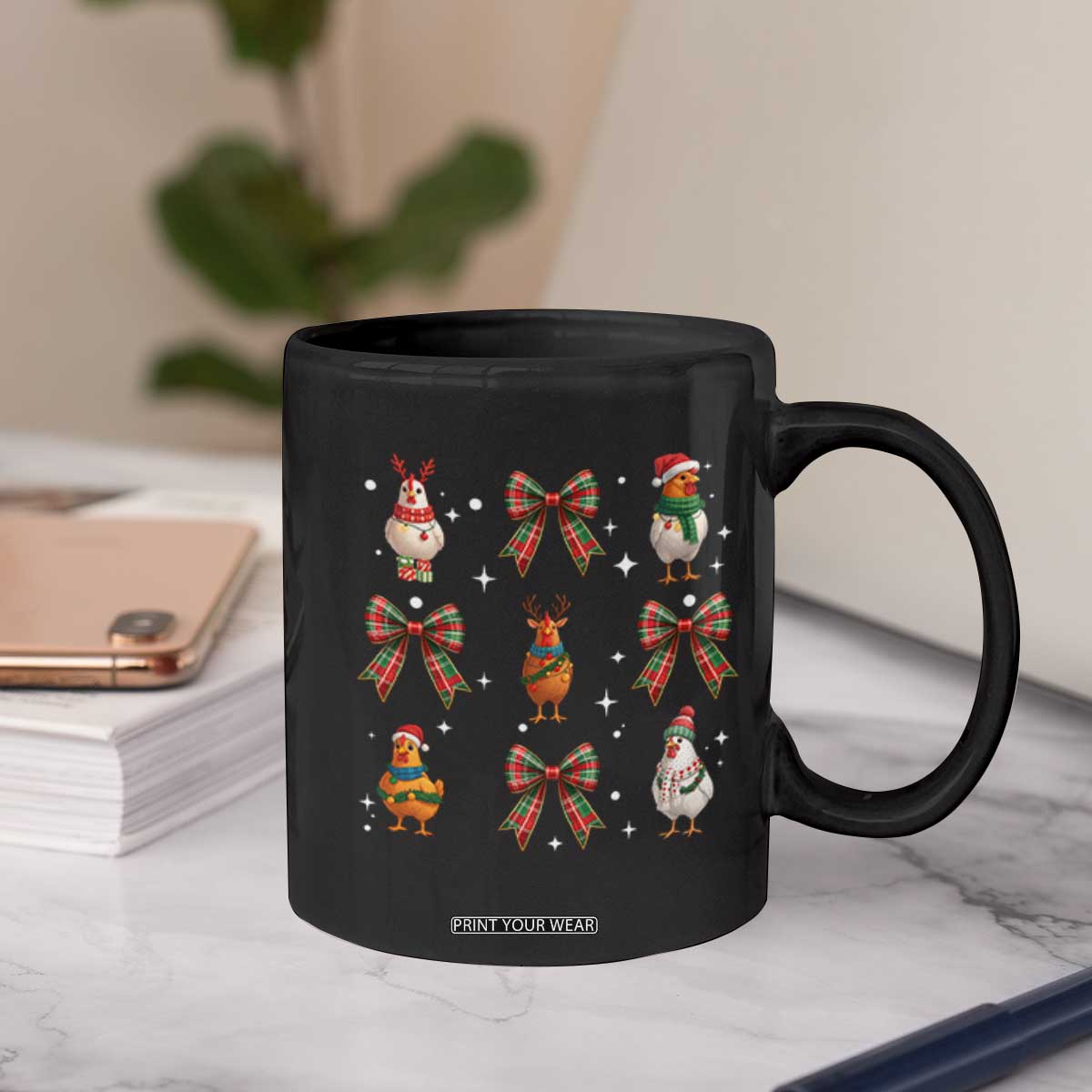 Cute Christmas Chicken With Xmas Coquette Bow Coffee Mug TS12 Print Your Wear