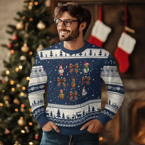 Cute Christmas Chicken With Xmas Coquette Bow Ugly Christmas Sweater TS12 Navy Beige Print Your Wear