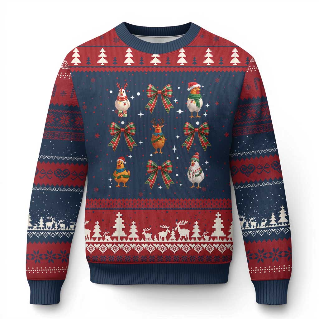 Cute Christmas Chicken With Xmas Coquette Bow Ugly Christmas Sweater TS12 Navy Red Print Your Wear