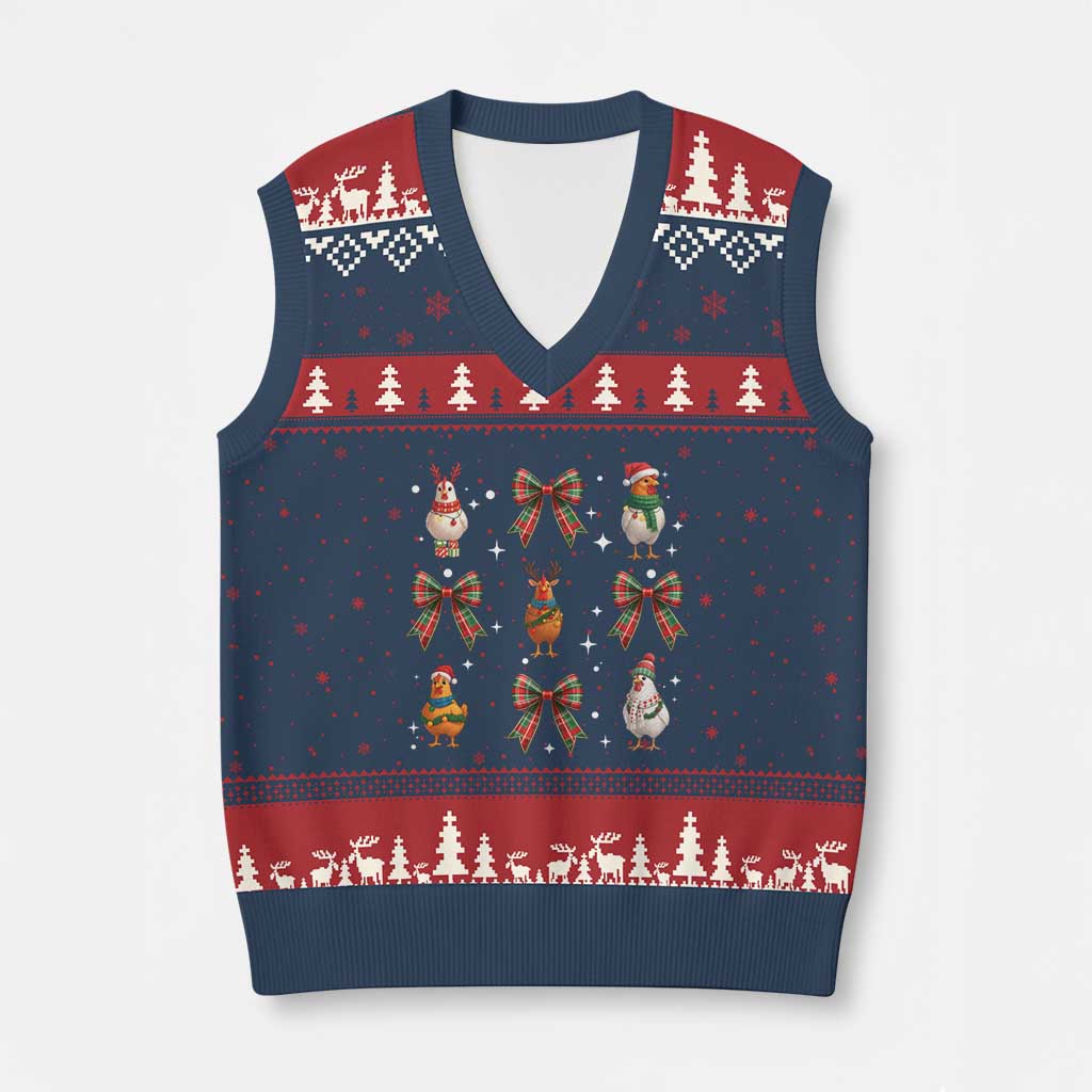 Cute Xmas Chicken With Xmas Coquette Bow V-Neck Knit Sweater Vest TS12 Navy Red Print Your Wear