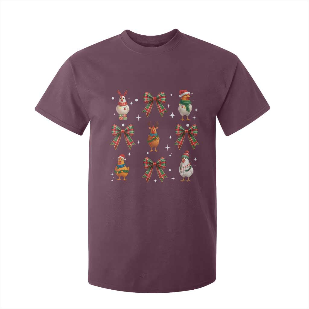 Cute Christmas Chicken With Xmas Coquette Bow T Shirt For Kid TS12 Maroon Print Your Wear