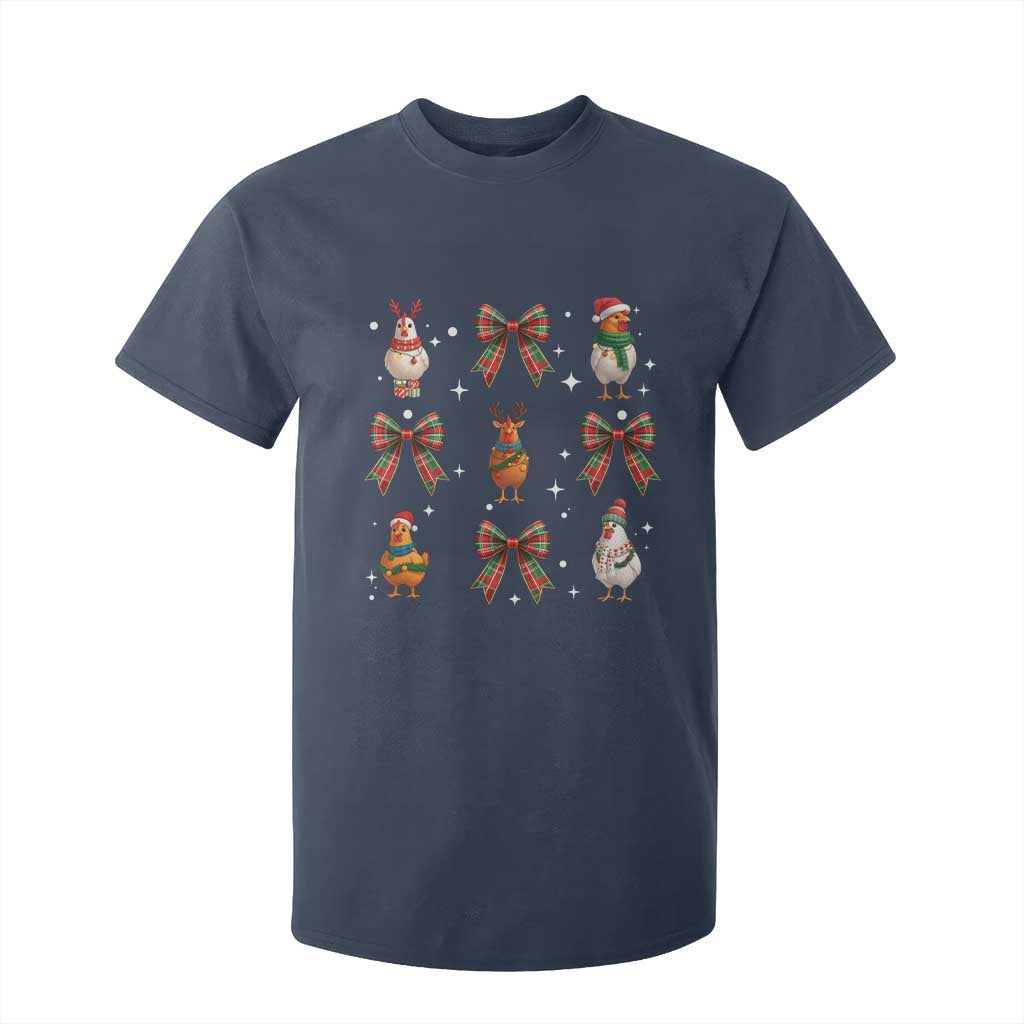 Cute Christmas Chicken With Xmas Coquette Bow T Shirt For Kid TS12 Navy Print Your Wear