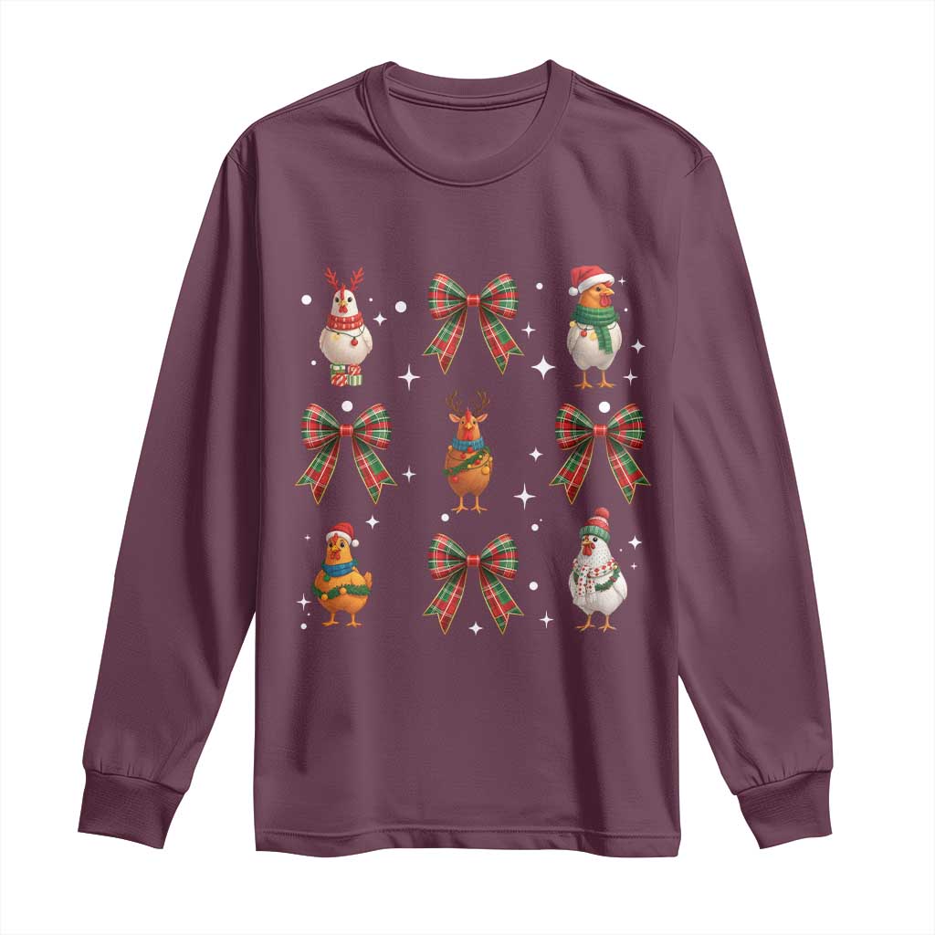 Cute Christmas Chicken With Xmas Coquette Bow Long Sleeve Shirt TS12 Maroon Print Your Wear