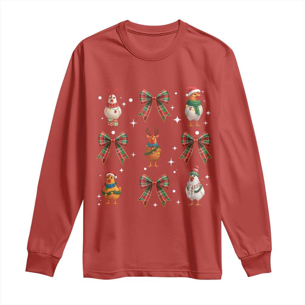 Cute Christmas Chicken With Xmas Coquette Bow Long Sleeve Shirt TS12 Red Print Your Wear