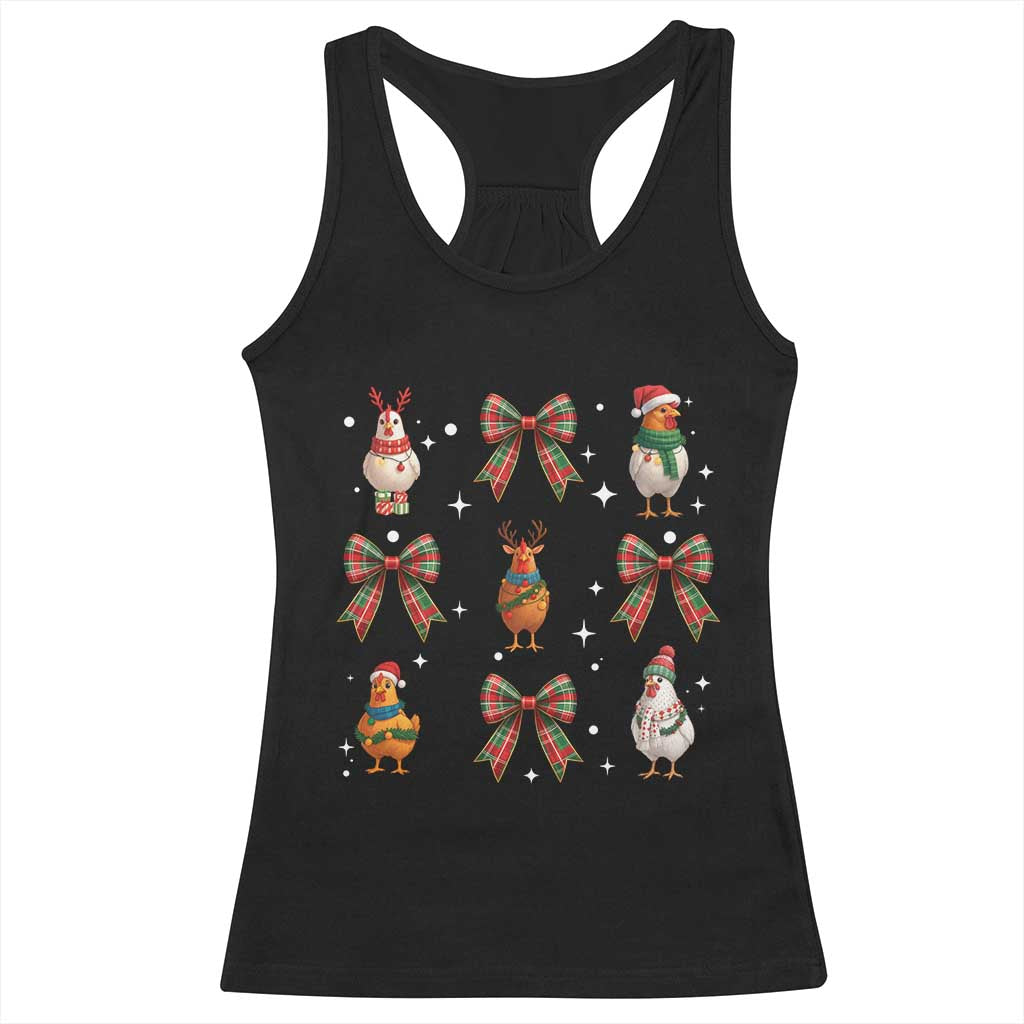 Cute Christmas Chicken With Xmas Coquette Bow Racerback Tank Top TS12 Black Print Your Wear