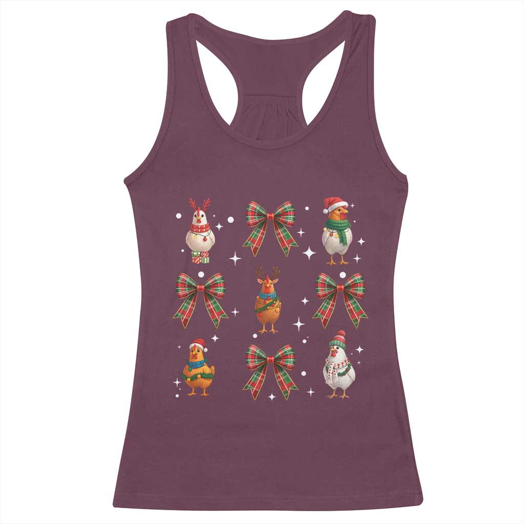 Cute Christmas Chicken With Xmas Coquette Bow Racerback Tank Top TS12 Maroon Print Your Wear