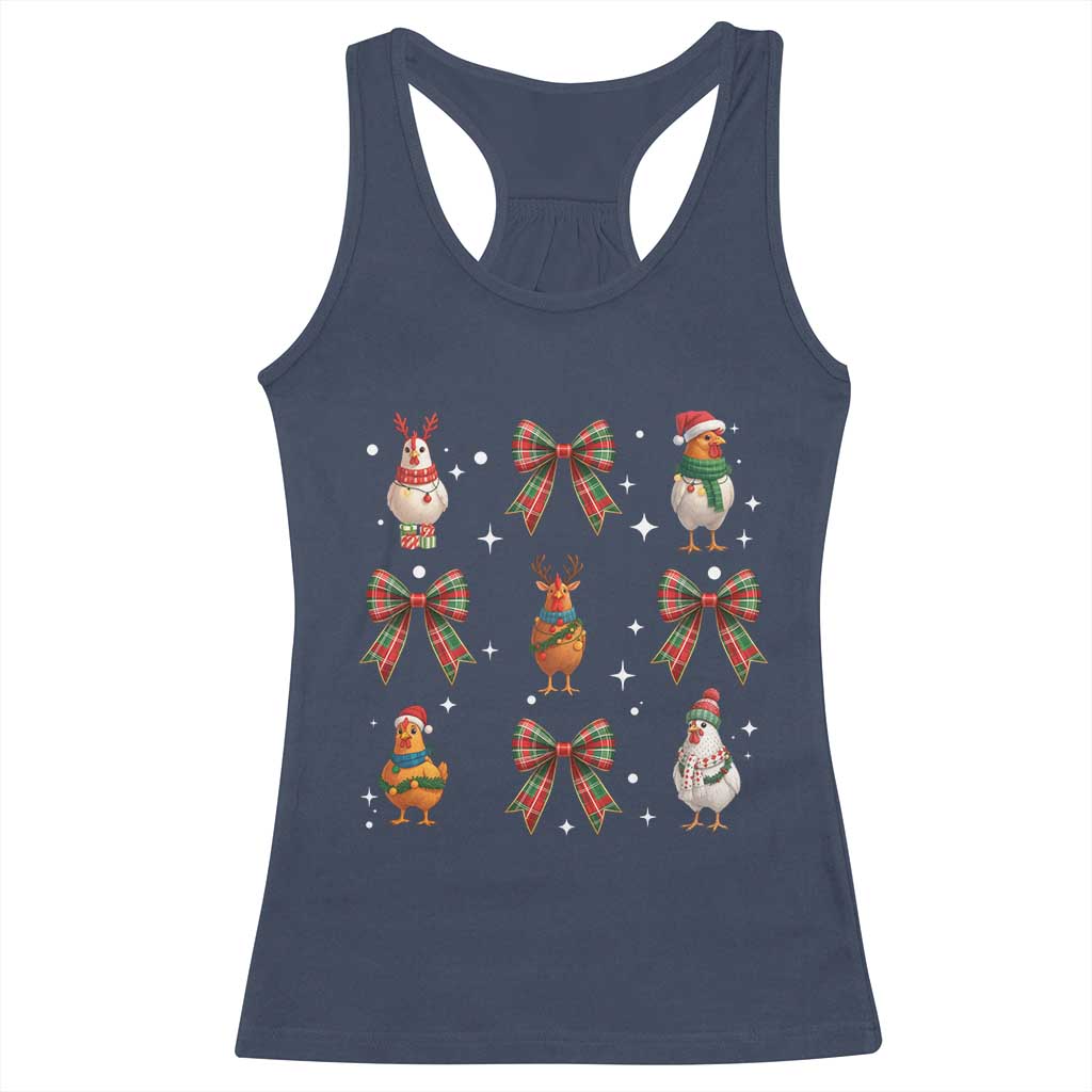 Cute Christmas Chicken With Xmas Coquette Bow Racerback Tank Top TS12 Navy Print Your Wear