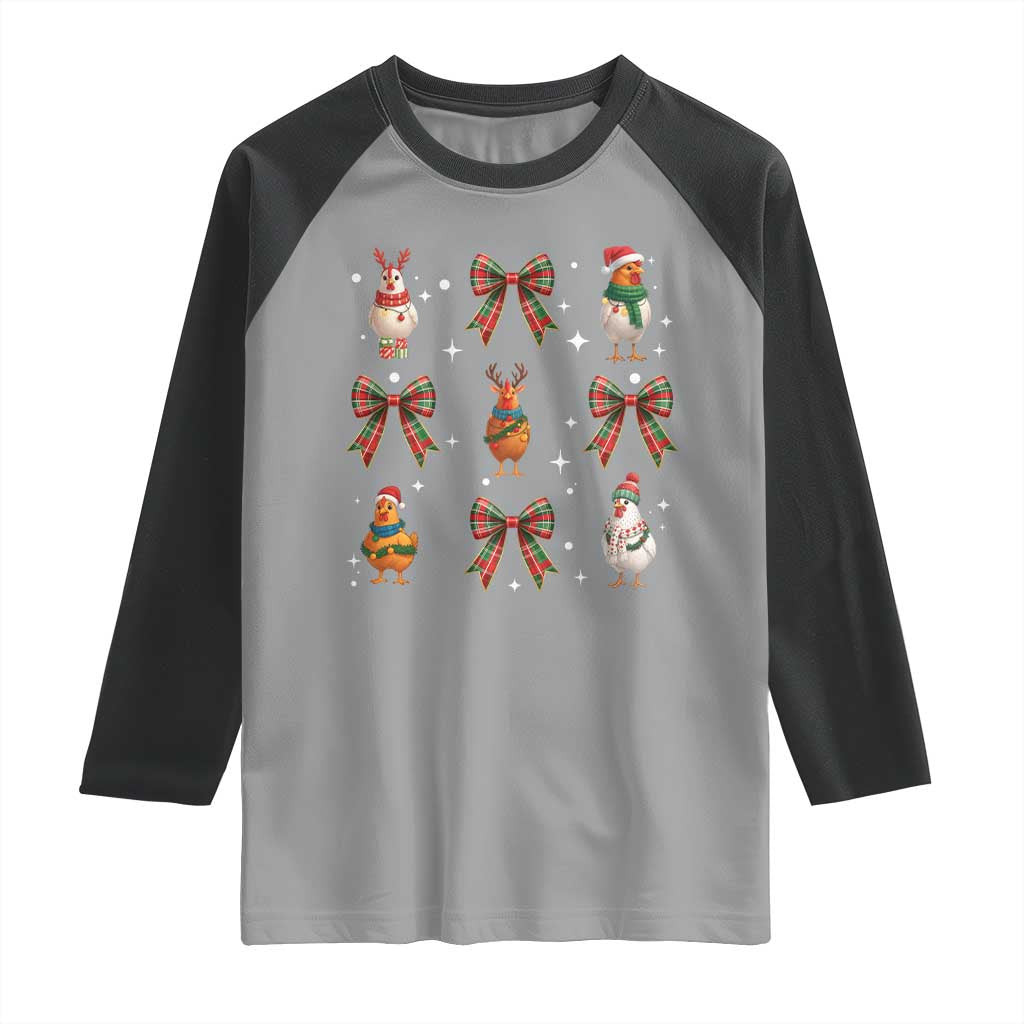 Cute Christmas Chicken With Xmas Coquette Bow Raglan Shirt TS12 Sport Gray Black Print Your Wear
