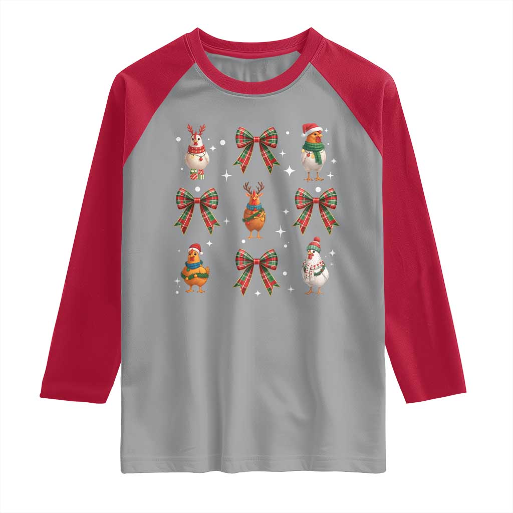Cute Christmas Chicken With Xmas Coquette Bow Raglan Shirt TS12 Sport Gray Red Print Your Wear
