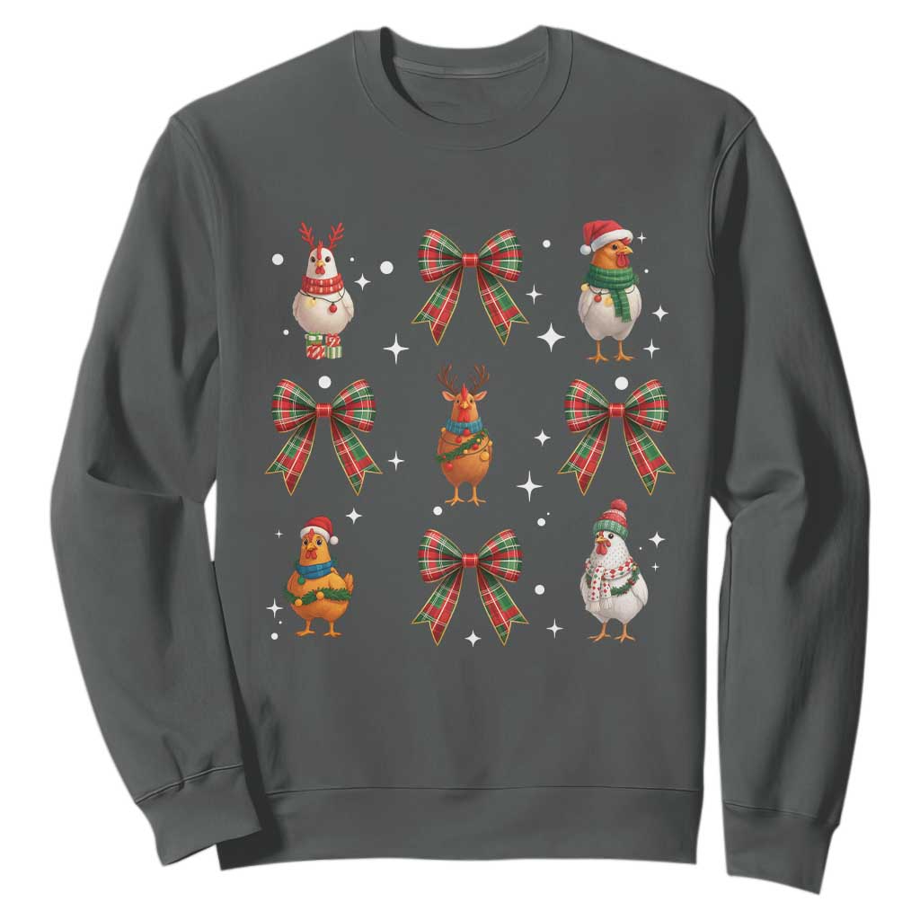 Cute Christmas Chicken With Xmas Coquette Bow Sweatshirt TS12 Dark Heather Print Your Wear