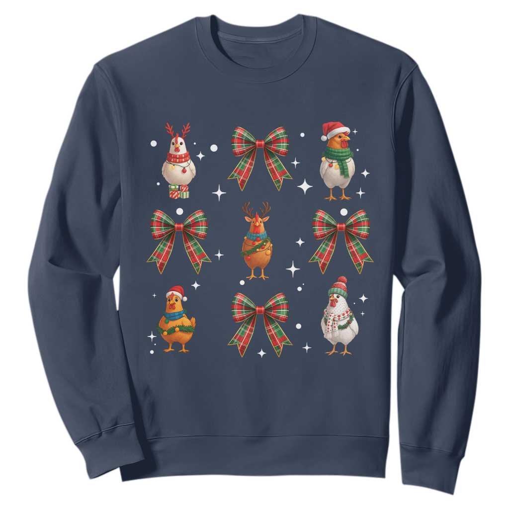 Cute Christmas Chicken With Xmas Coquette Bow Sweatshirt TS12 Navy Print Your Wear