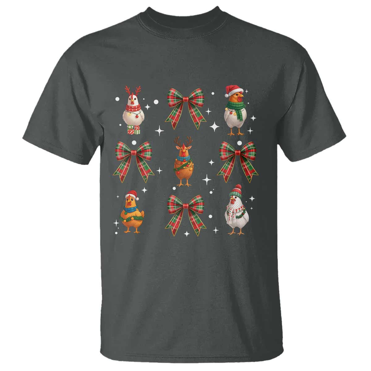 Cute Christmas Chicken With Xmas Coquette Bow T Shirt TS12 Dark Heather Print Your Wear