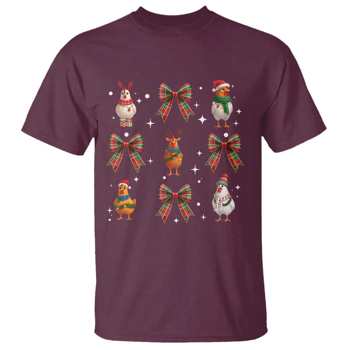 Cute Christmas Chicken With Xmas Coquette Bow T Shirt TS12 Maroon Print Your Wear