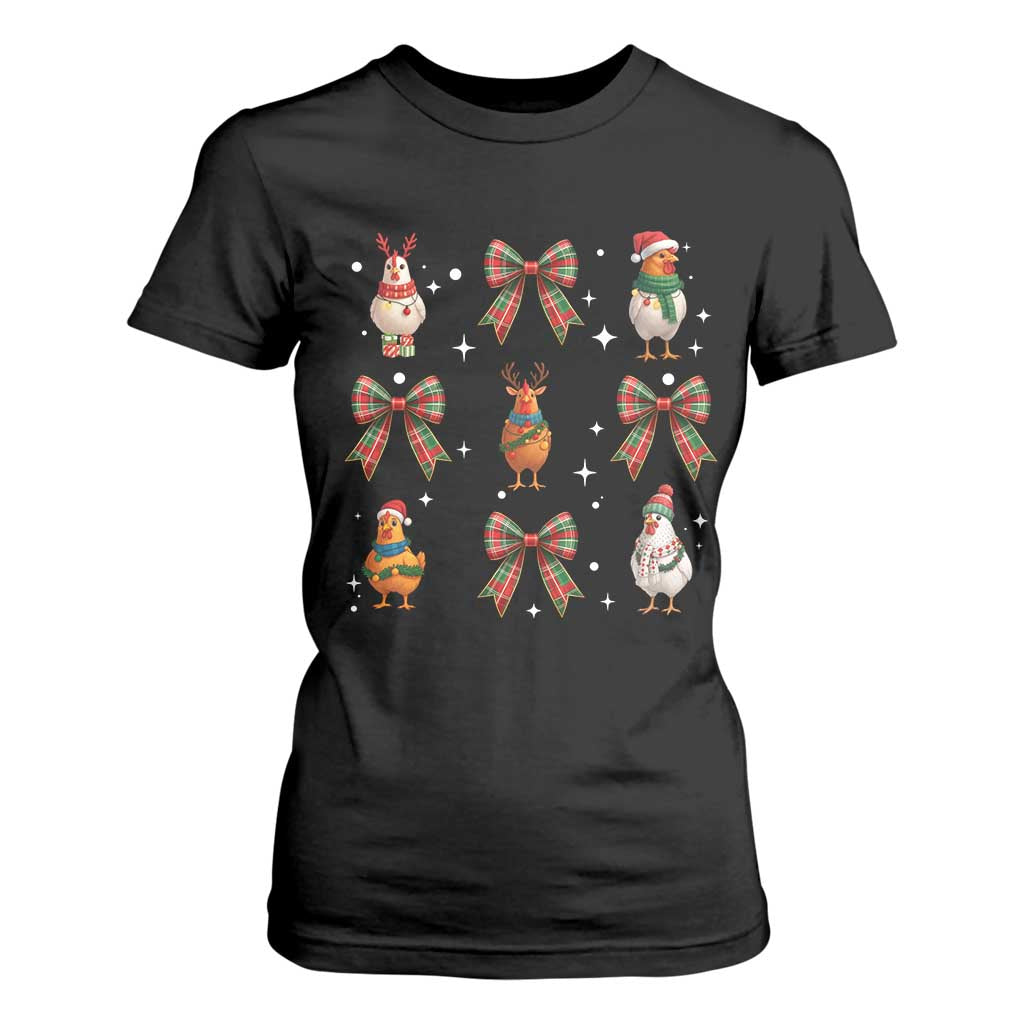 Cute Christmas Chicken With Xmas Coquette Bow T Shirt For Women TS12 Black Print Your Wear