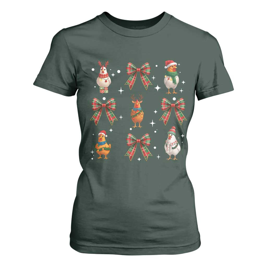 Cute Christmas Chicken With Xmas Coquette Bow T Shirt For Women TS12 Dark Forest Green Print Your Wear
