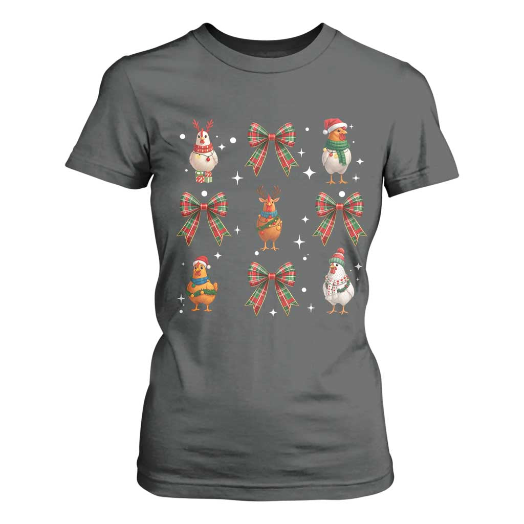 Cute Christmas Chicken With Xmas Coquette Bow T Shirt For Women TS12 Dark Heather Print Your Wear