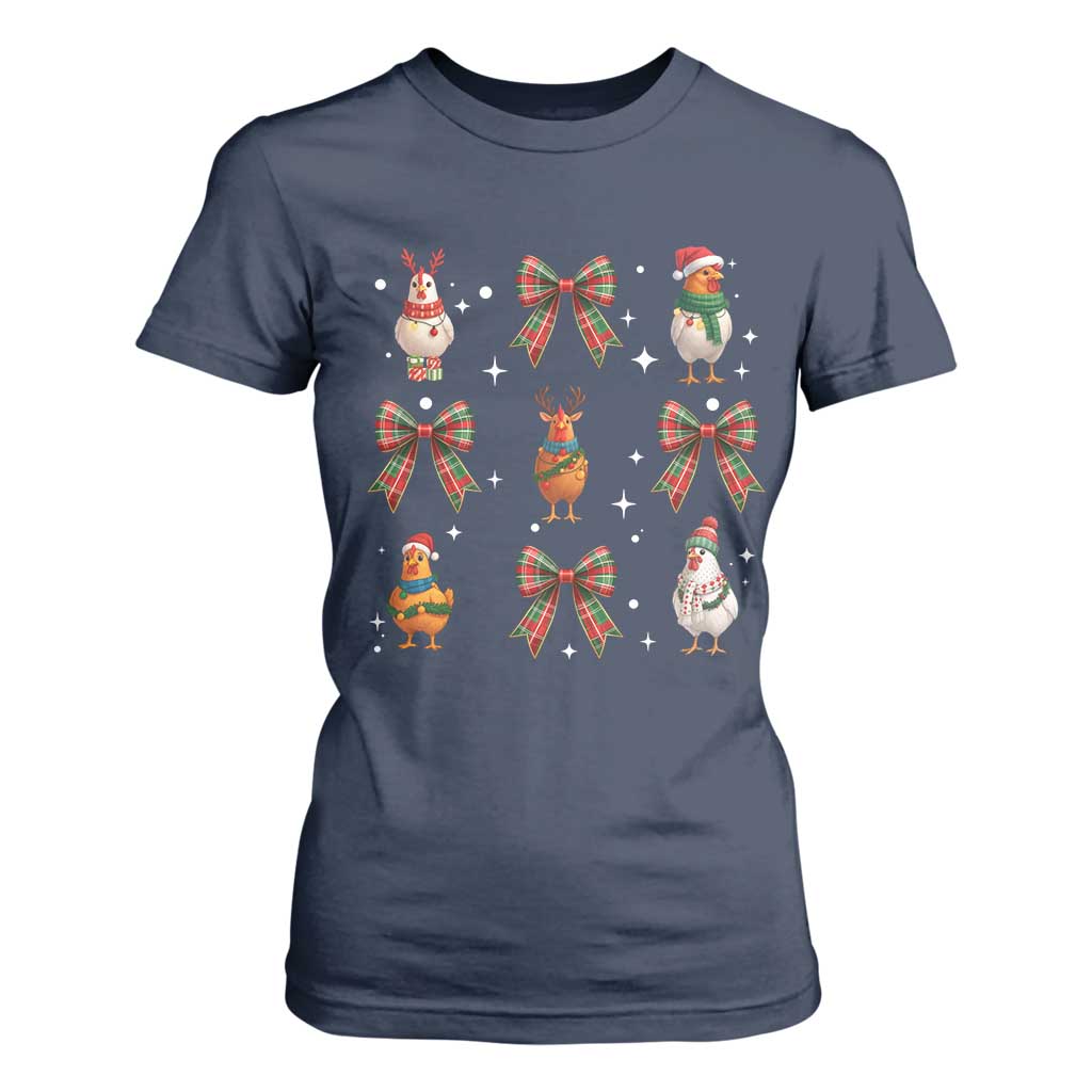Cute Christmas Chicken With Xmas Coquette Bow T Shirt For Women TS12 Navy Print Your Wear