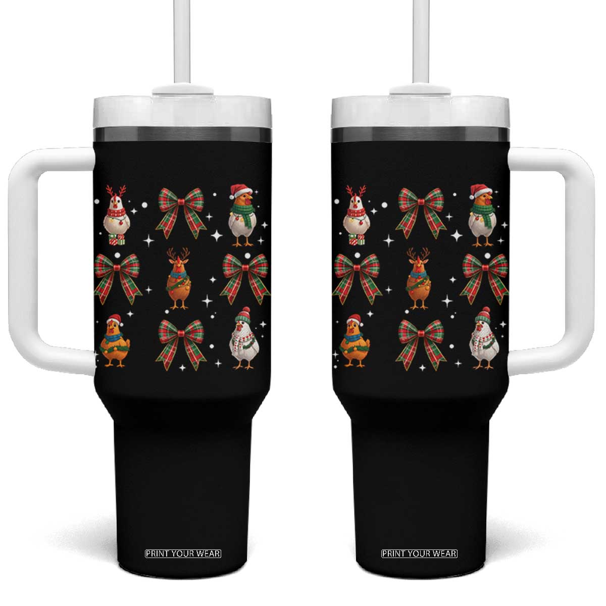 Cute Christmas Chicken With Xmas Coquette Bow Tumbler With Handle TS12 One Size: 40 oz Black Print Your Wear