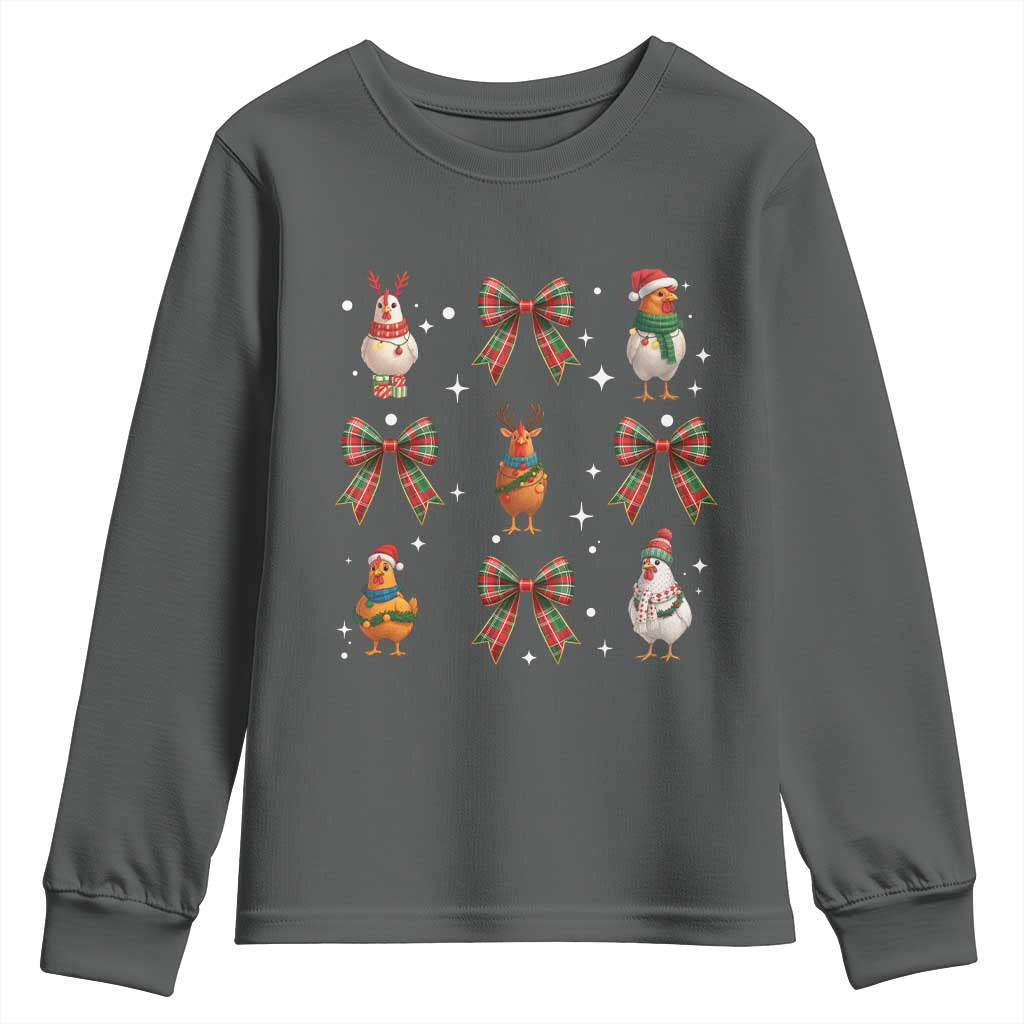 Cute Christmas Chicken With Xmas Coquette Bow Youth Sweatshirt TS12 Dark Heather Print Your Wear