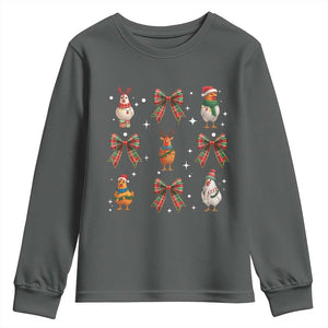 Cute Christmas Chicken With Xmas Coquette Bow Youth Sweatshirt TS12 Dark Heather Print Your Wear