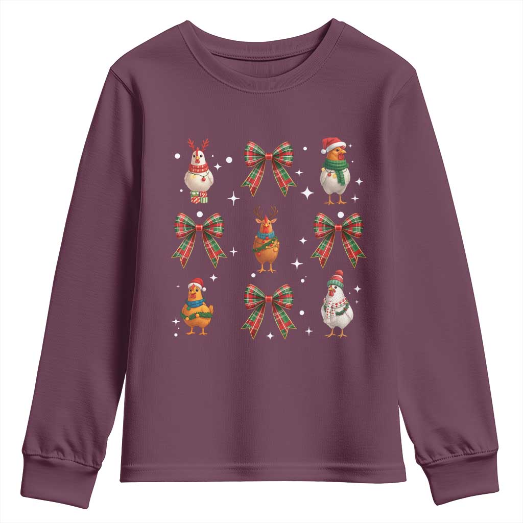 Cute Christmas Chicken With Xmas Coquette Bow Youth Sweatshirt TS12 Maroon Print Your Wear