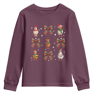 Cute Christmas Chicken With Xmas Coquette Bow Youth Sweatshirt TS12 Maroon Print Your Wear