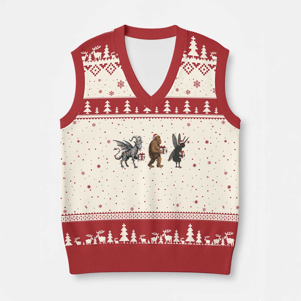 Xmas Cryptid Gift V-Neck Knit Sweater Vest Bigfoot Jersey Devil Mothman Santa TS12 Beige Red Print Your Wear