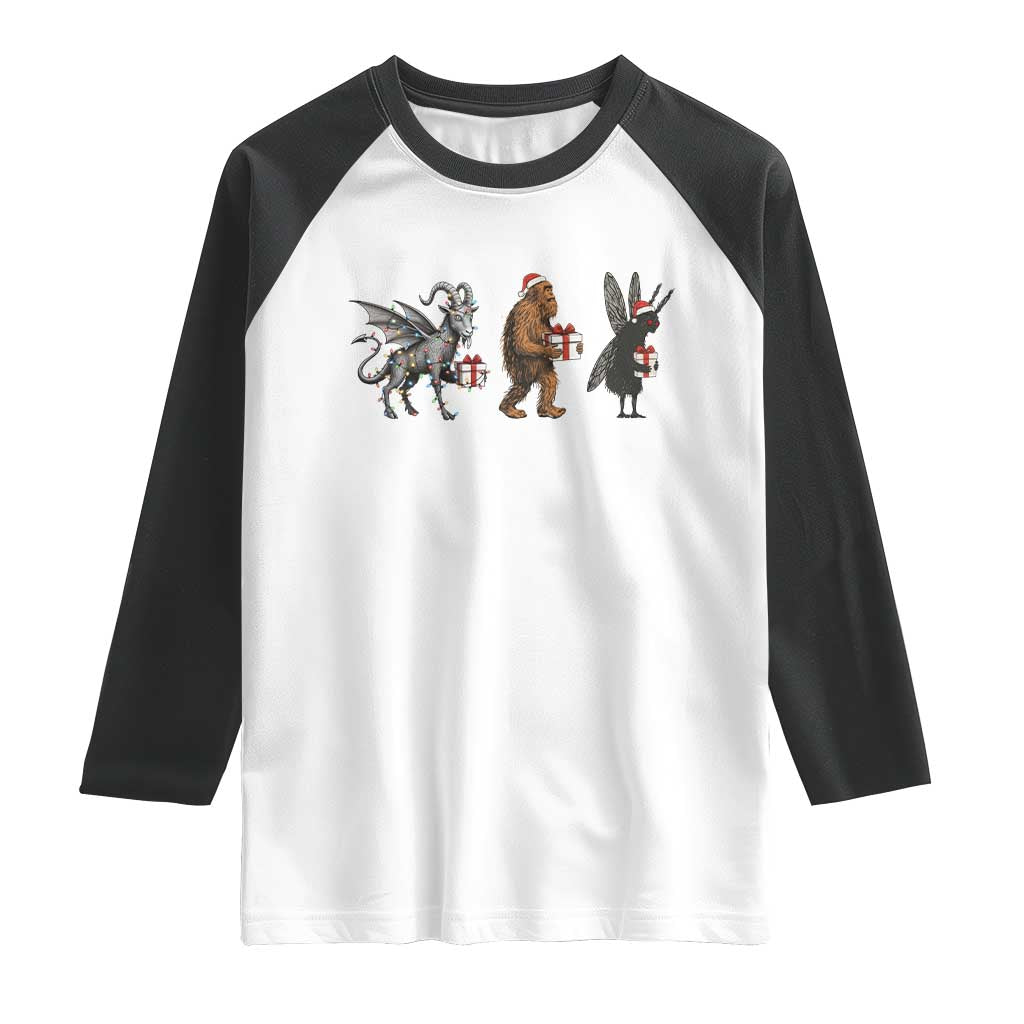 Christmas Cryptid Gift Raglan Shirt Bigfoot Jersey Devil Mothman Santa TS12 White Black Print Your Wear