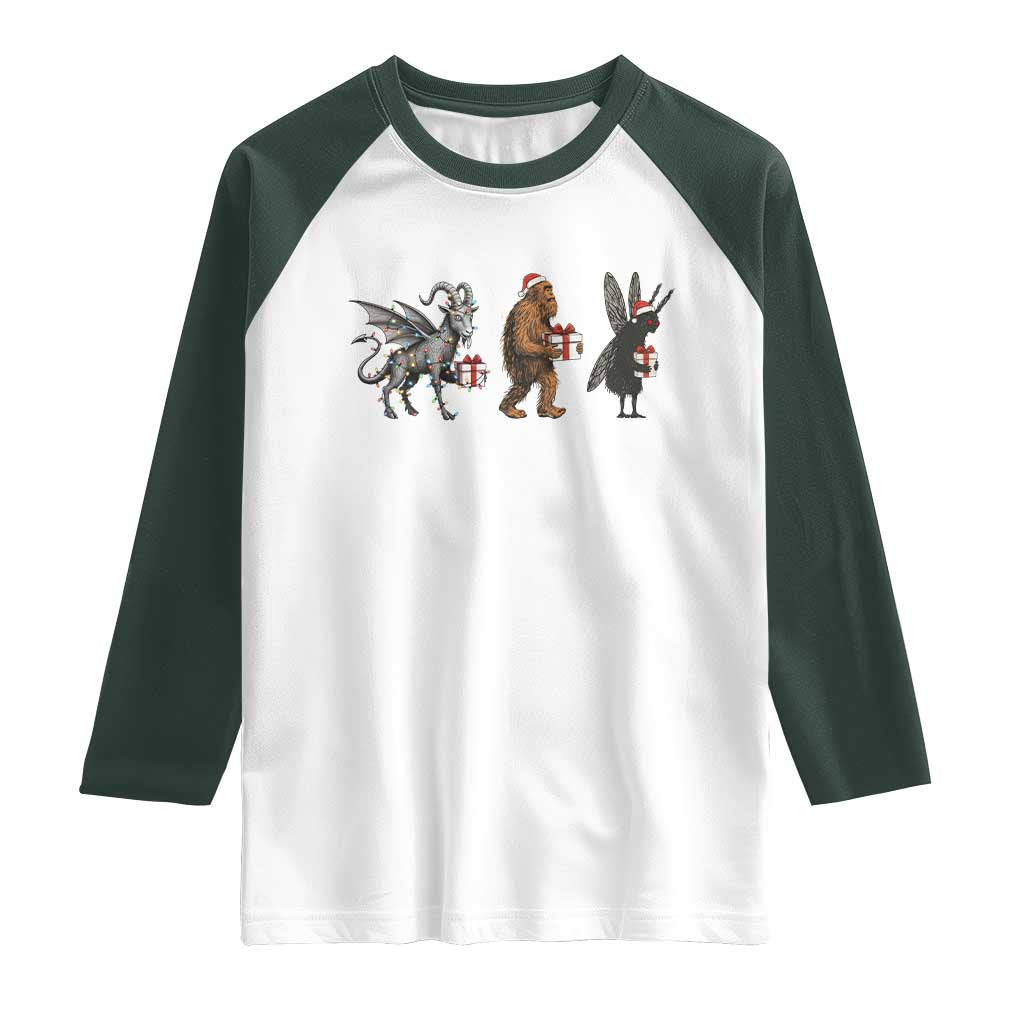 Christmas Cryptid Gift Raglan Shirt Bigfoot Jersey Devil Mothman Santa TS12 White Dark Forest Green Print Your Wear