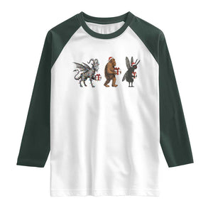 Christmas Cryptid Gift Raglan Shirt Bigfoot Jersey Devil Mothman Santa TS12 White Dark Forest Green Print Your Wear