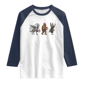 Christmas Cryptid Gift Raglan Shirt Bigfoot Jersey Devil Mothman Santa TS12 White Navy Print Your Wear